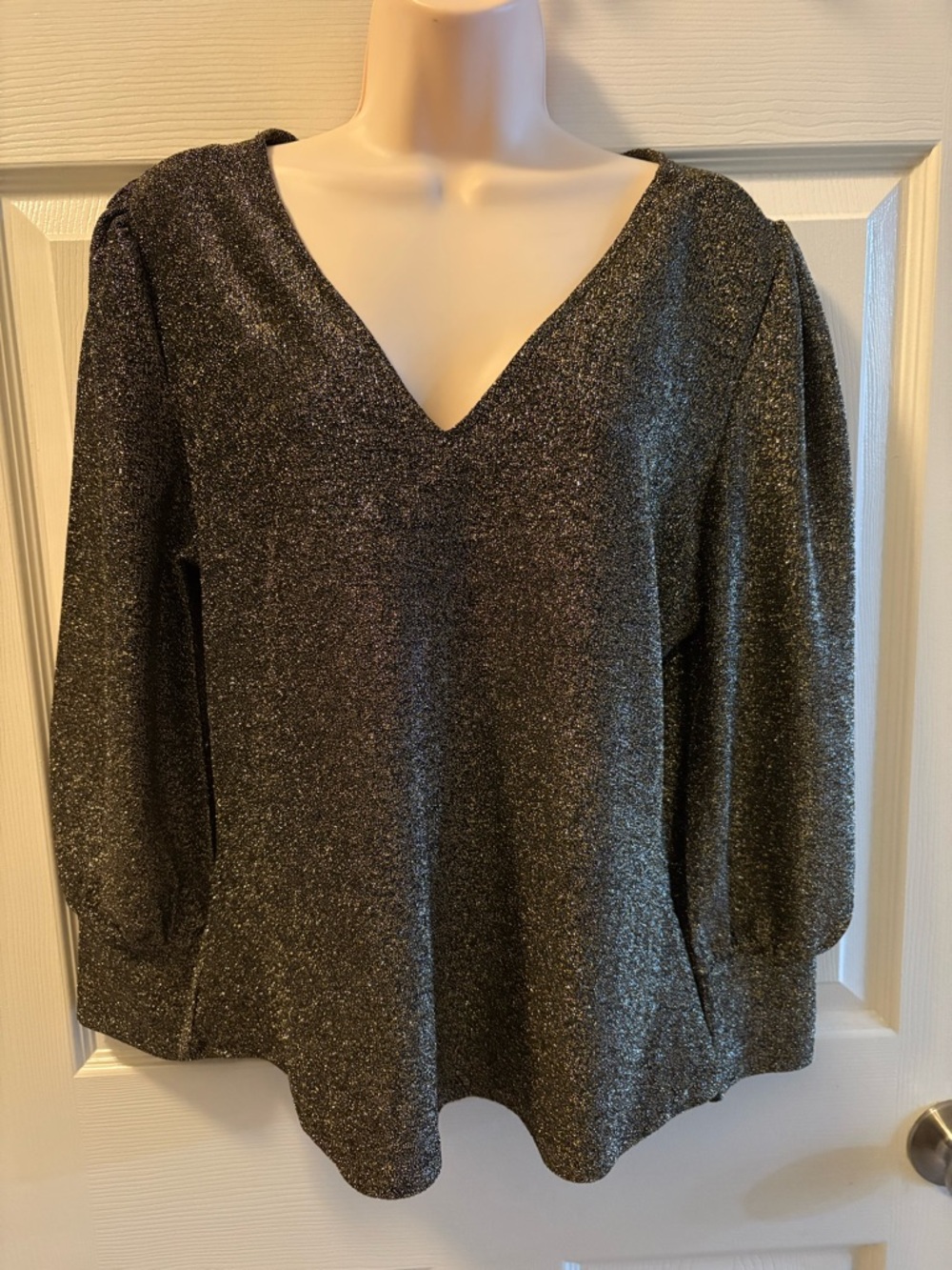 V-Neck Metallic Long-Sleeve Women's Top in Shimmery Black